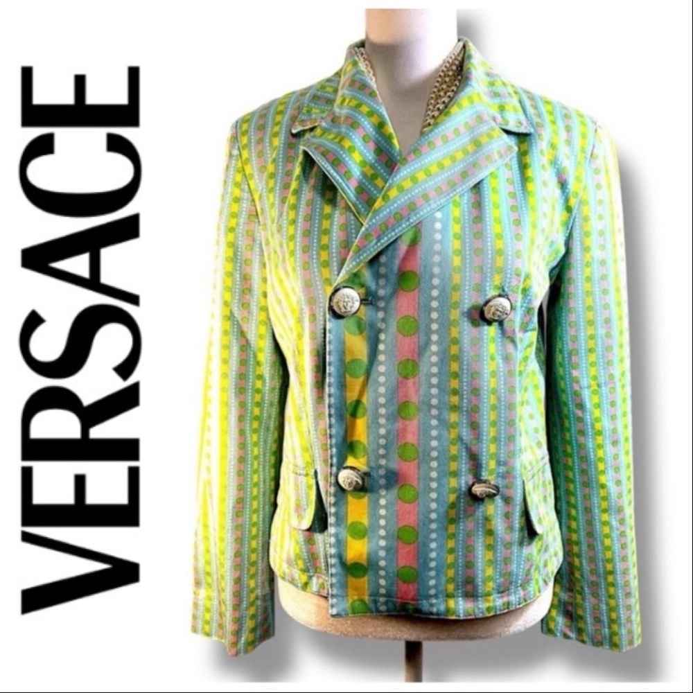 VERSACE AUTH Vintage Green Pink Yellow and White Blazer Maduza Buttons SZ 10